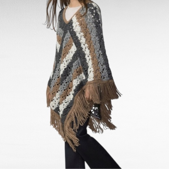 Massimo Dutti | Crochet Striped Poncho Alpaca Wool Blend Fringed Cozy Poncho - Picture 4 of 6
